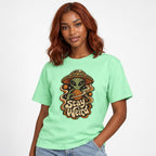 Alien t shirt in Island Reef worn by a studio model in an upper-body three quarter left pose on a clean white background