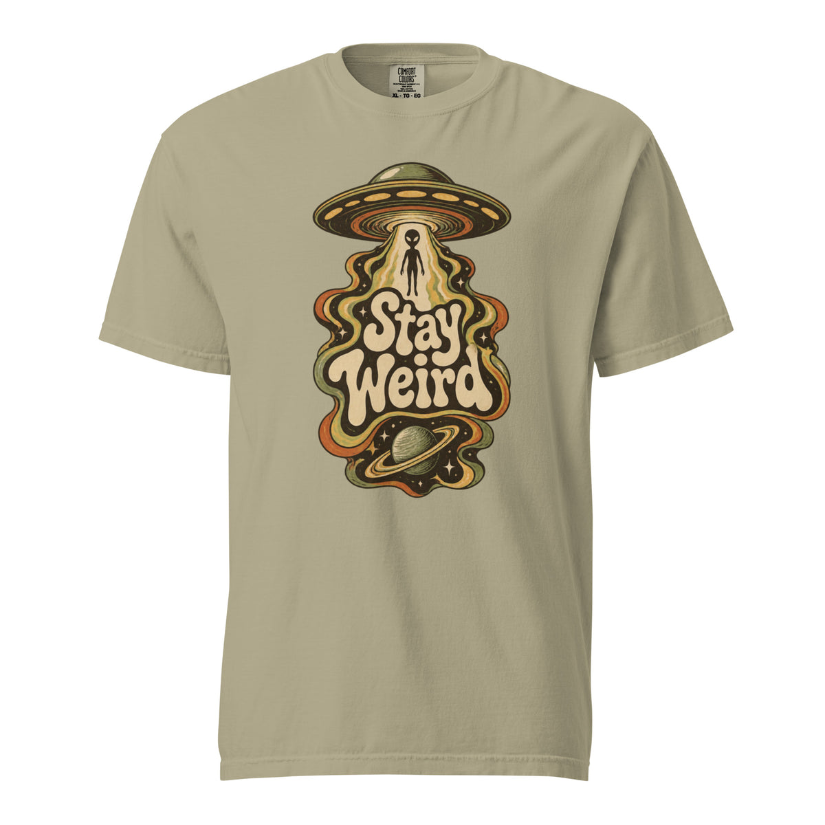 Front view of a Khaki T-shirt featuring a retro Alien beneath a UFO, the words “Stay Weird,” and a ringed planet.