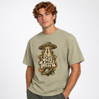Alien t shirt in Khaki worn by a studio model in an upper-body three quarter left pose on a clean white background