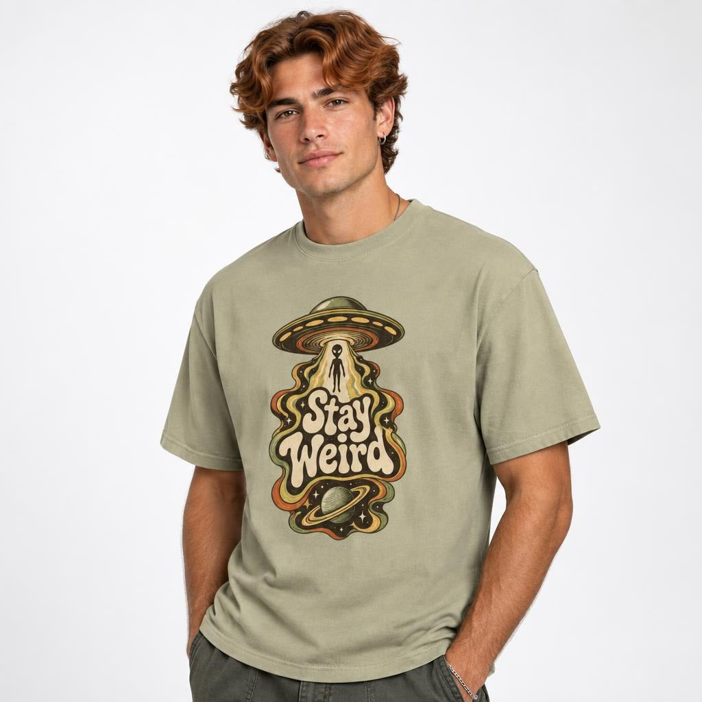 Alien t shirt in Khaki worn by a studio model in an upper-body three quarter left pose on a clean white background