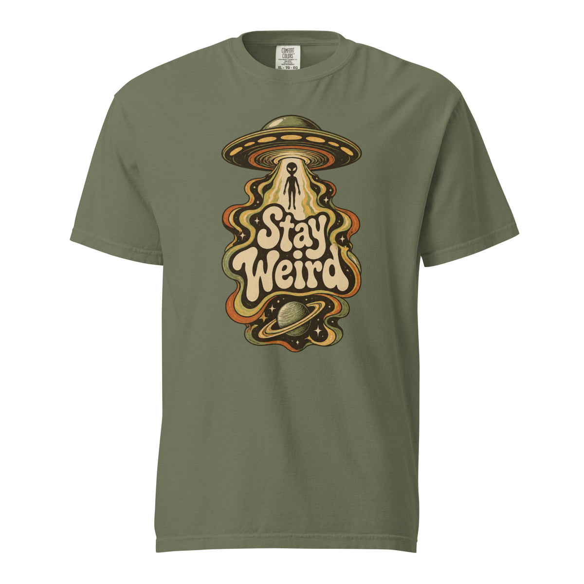 Front view of a Moss T-shirt with “Stay Weird” lettering, a UFO, black alien figure, ringed planet, and stars.