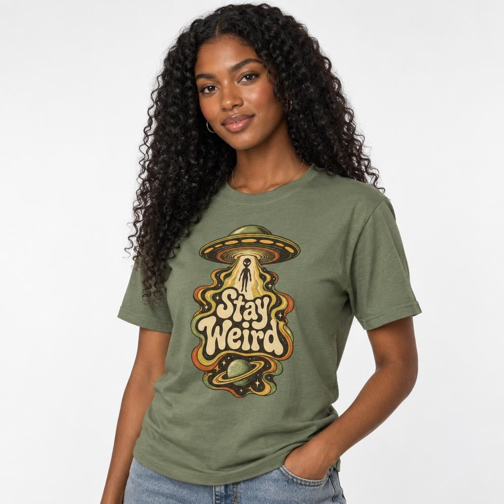 Alien t shirt in Moss worn by a studio model in an upper-body three quarter right pose on a clean white background