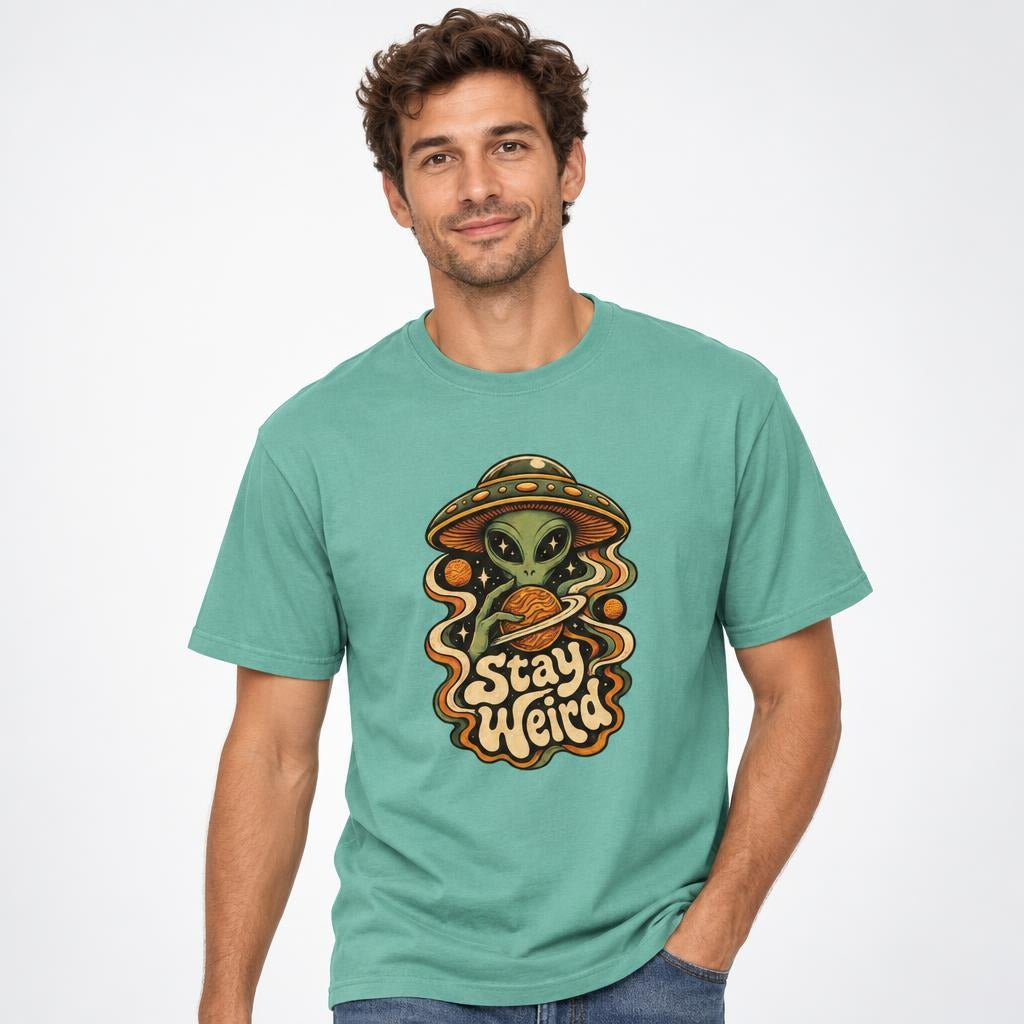 Alien t shirt in Seafoam worn by a studio model in an upper-body walking pose on a clean white background