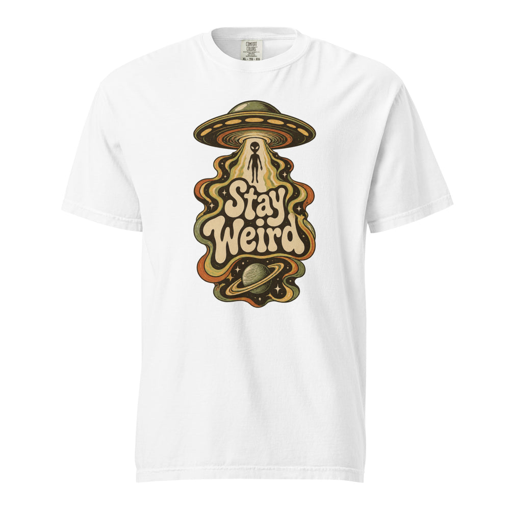 Front view of a white T-shirt with a retro Stay Weird graphic featuring an Alien, Ufo, and ringed planet.