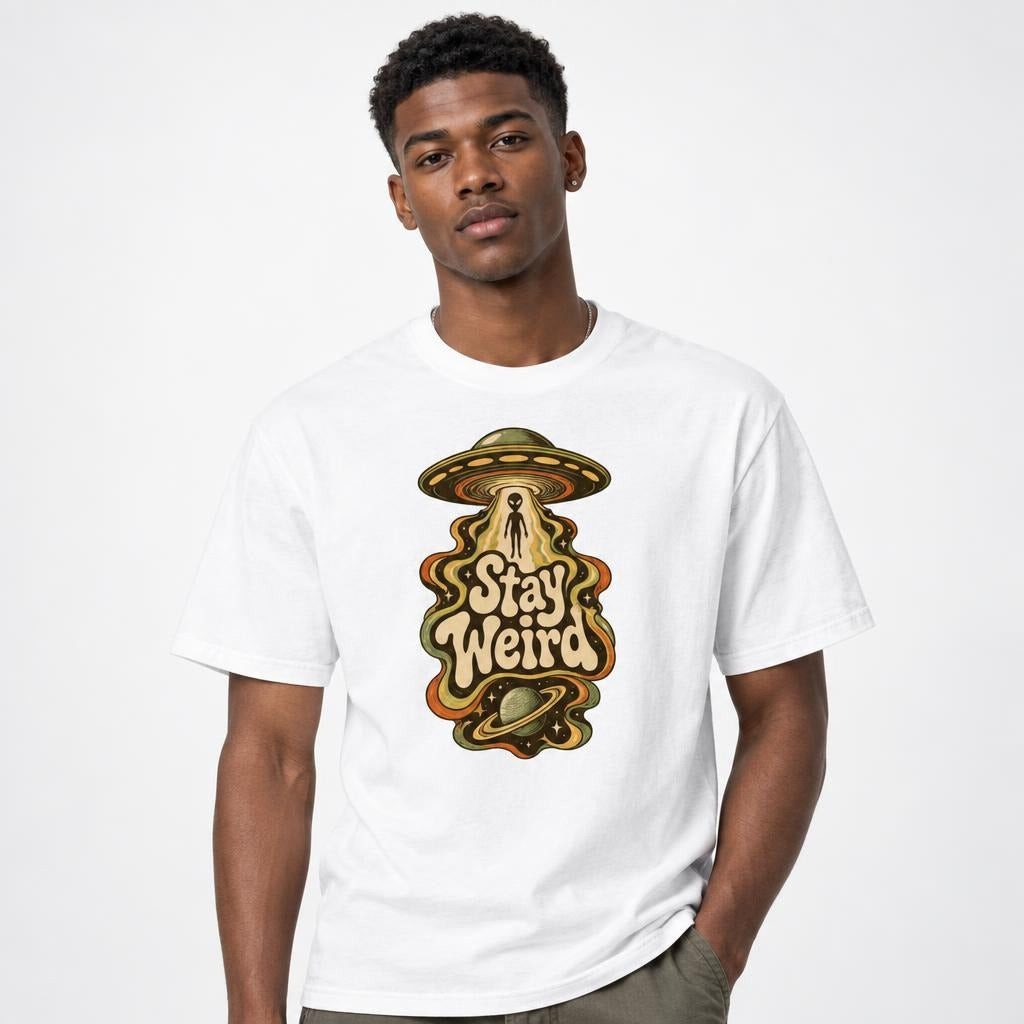 Alien t shirt in White worn by a studio model in an upper-body front relaxed pose on a clean white background