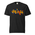 Front view of a black T-shirt with colorful wavy “Stay Weird” lettering surrounding a stylized central eye graphic.