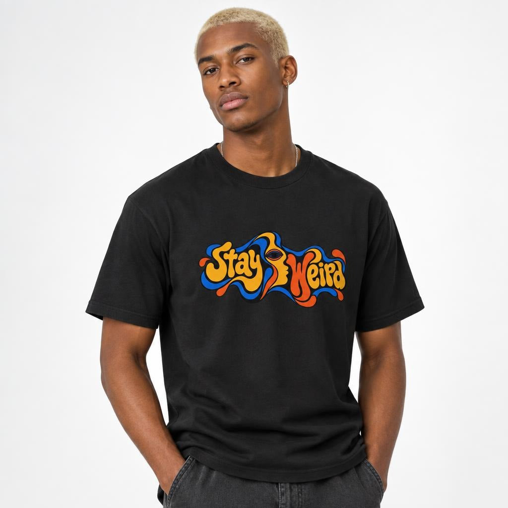 Eye t shirt in Black worn by a studio model in an upper-body side pose on a clean white background