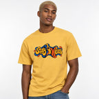 Eye t shirt in Mustard worn by a studio model in an upper-body three quarter right pose on a clean white background