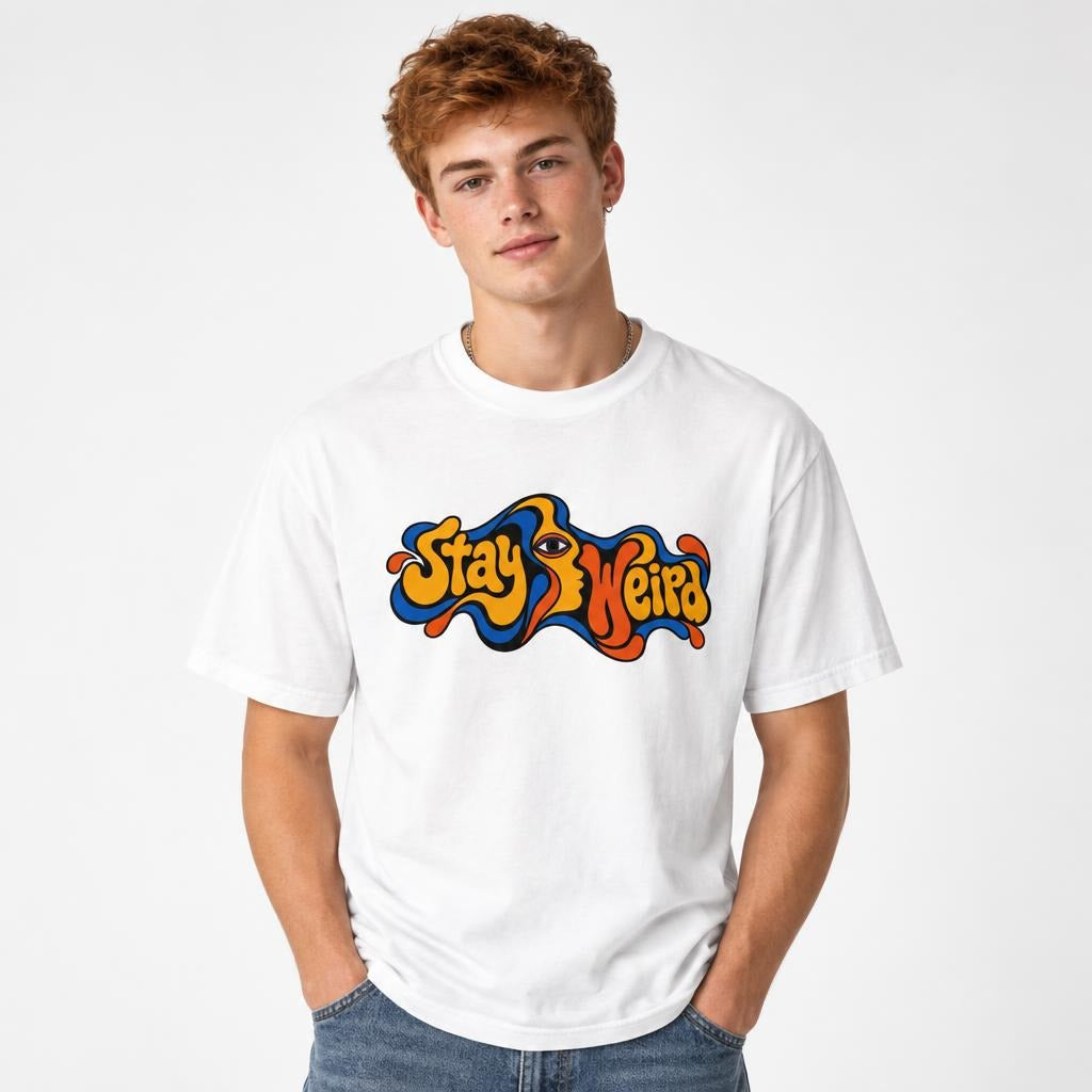 Eye t shirt in White worn by a studio model in an upper-body front relaxed pose on a clean white background