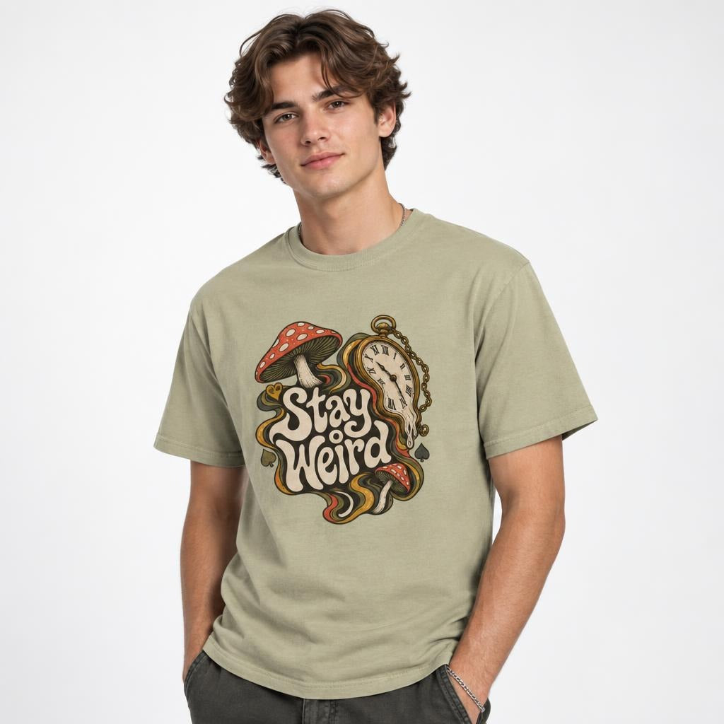 Mushroom t shirt in Khaki worn by a studio model in an upper-body three quarter left pose on a clean white background