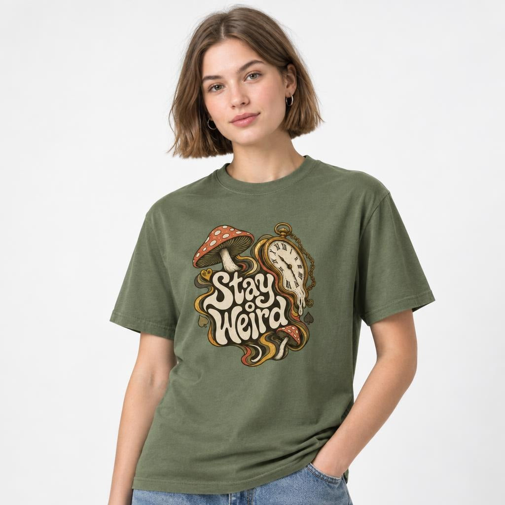 Mushroom t shirt in Moss worn by a studio model in an upper-body three quarter right pose on a clean white background