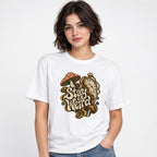 Mushroom t shirt in White worn by a studio model in an upper-body front relaxed pose on a clean white background