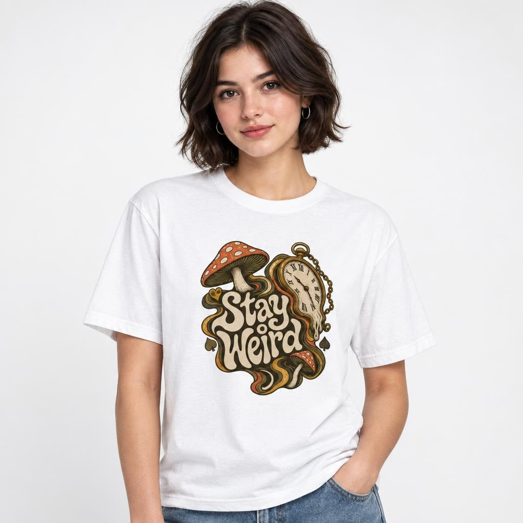 Mushroom t shirt in White worn by a studio model in an upper-body front relaxed pose on a clean white background