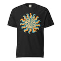 Black front-view T-shirt featuring a colourful retro sun graphic with layered wavy rays and the readable words “Stay Weird.”