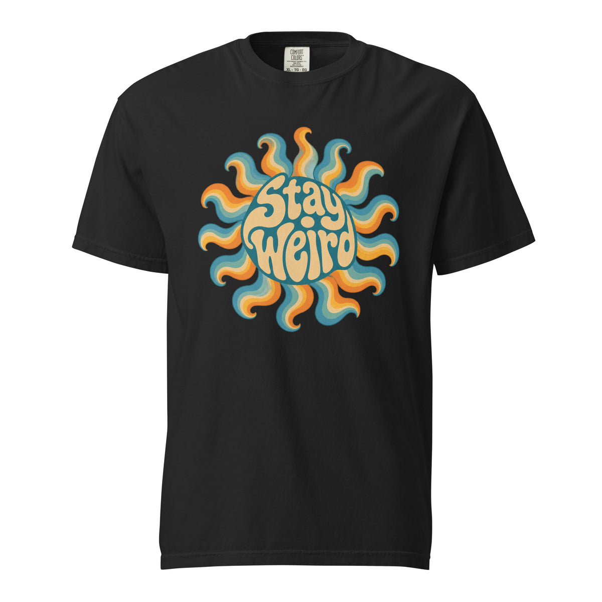 Black front-view T-shirt featuring a colourful retro sun graphic with layered wavy rays and the readable words “Stay Weird.”