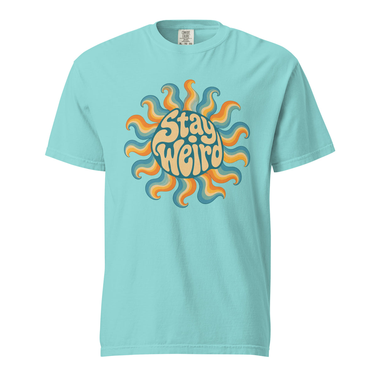 Front view of a Lagoon Blue T-shirt featuring a colourful retro sun graphic with layered wavy rays and the words “Stay Weird.”