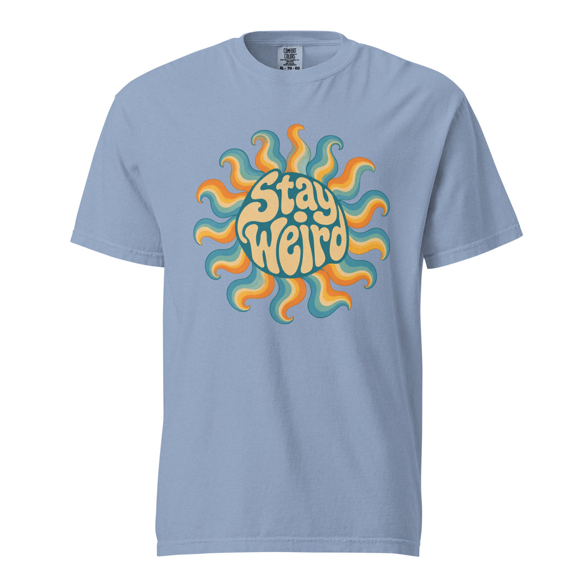 Front view of a Washed Denim T-shirt featuring a colourful retro sun graphic with layered wavy rays and “Stay Weird” lettering.