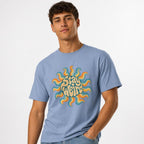 Sun t shirt in Washed Denim worn by a studio model in an upper-body three quarter right pose on a clean white background