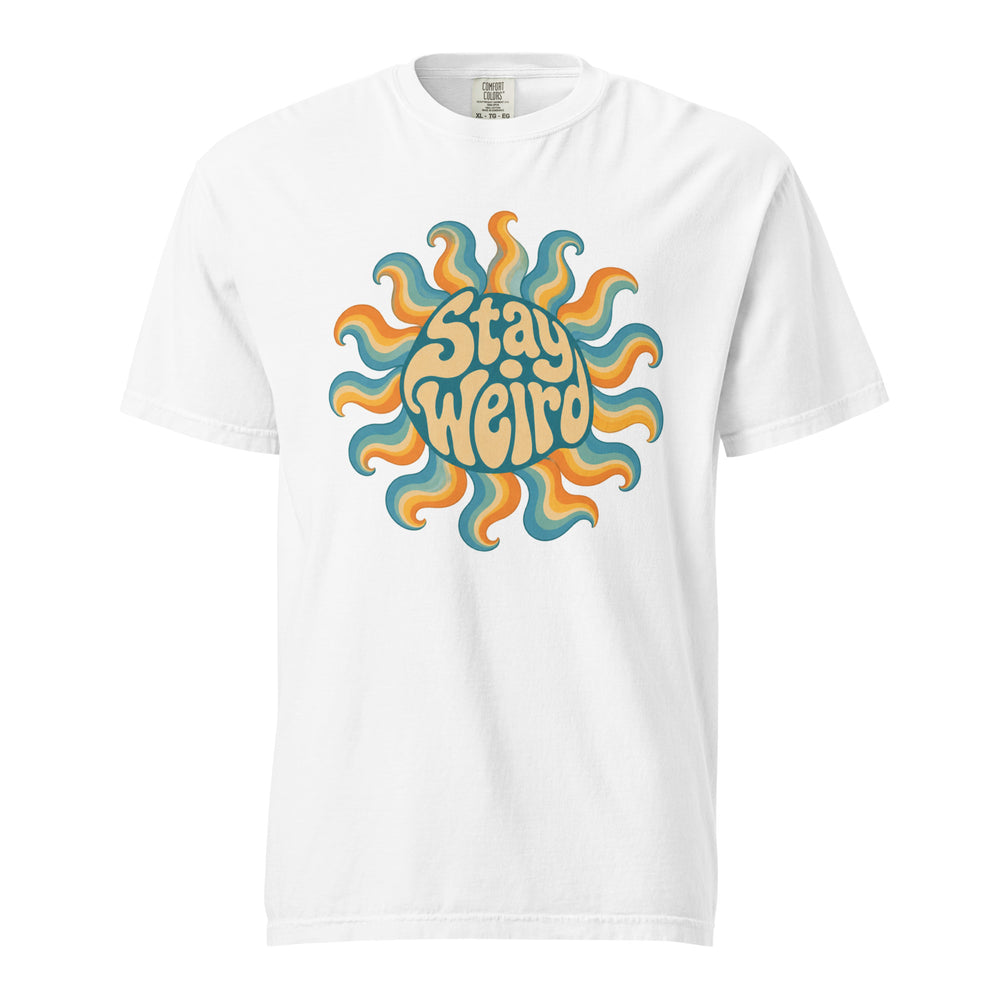 Front view of a white T-shirt with a colourful retro sun graphic, wavy rays, and the words “Stay Weird.”