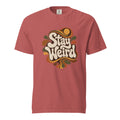 Front view of a Crimson T-shirt featuring “Stay Weird” in decorative retro typography surrounded by flowing psychedelic organic shapes.