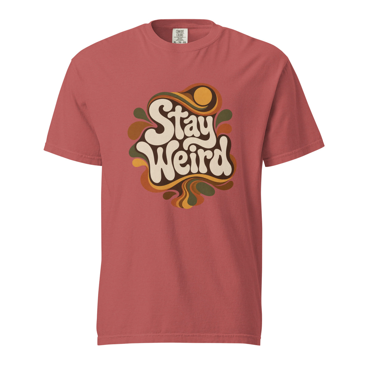 Front view of a Crimson T-shirt featuring “Stay Weird” in decorative retro typography surrounded by flowing psychedelic organic shapes.