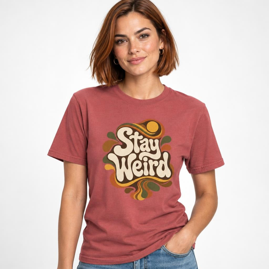 Typography t shirt in Crimson worn by a studio model in an upper-body walking pose on a clean white background