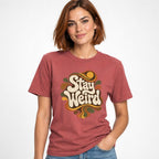 Typography t shirt in Crimson worn by a studio model in an upper-body walking pose on a clean white background