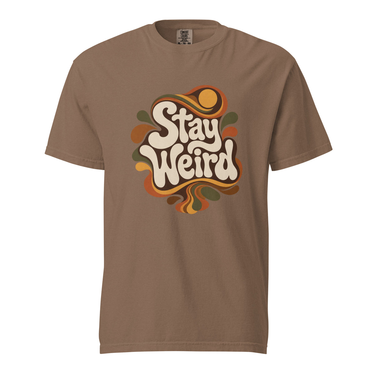 Front view of an Espresso T-shirt featuring cream “Stay Weird” typography surrounded by retro psychedelic bands and organic shapes.