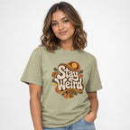 Typography t shirt in Khaki worn by a studio model in an upper-body three quarter left pose on a clean white background