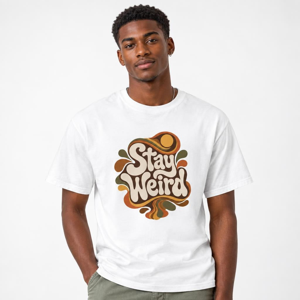 Typography t shirt in White worn by a studio model in an upper-body front relaxed pose on a clean white background