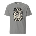 Front view of a Grey T-shirt featuring readable “Stay Weird” lettering, psychedelic curves, and a stylised woman's face in the artwork.