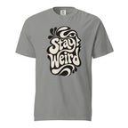 Front view of a Grey T-shirt featuring readable “Stay Weird” lettering, psychedelic curves, and a stylised woman's face in the artwork.
