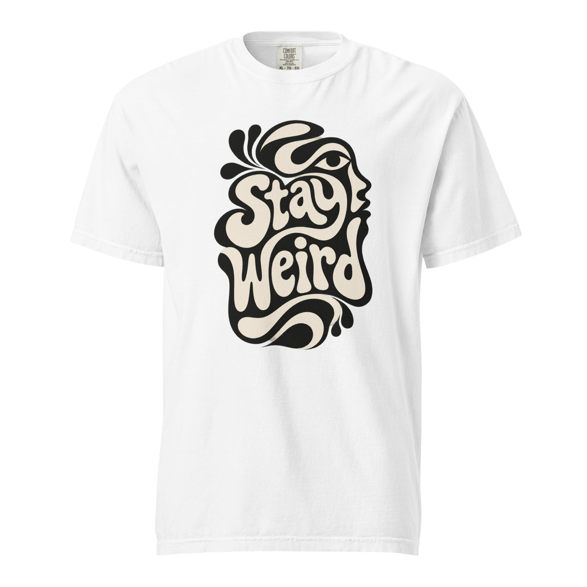 Front view of a white T-shirt with readable “Stay Weird” lettering, flowing psychedelic shapes, and a stylized woman's face profile.