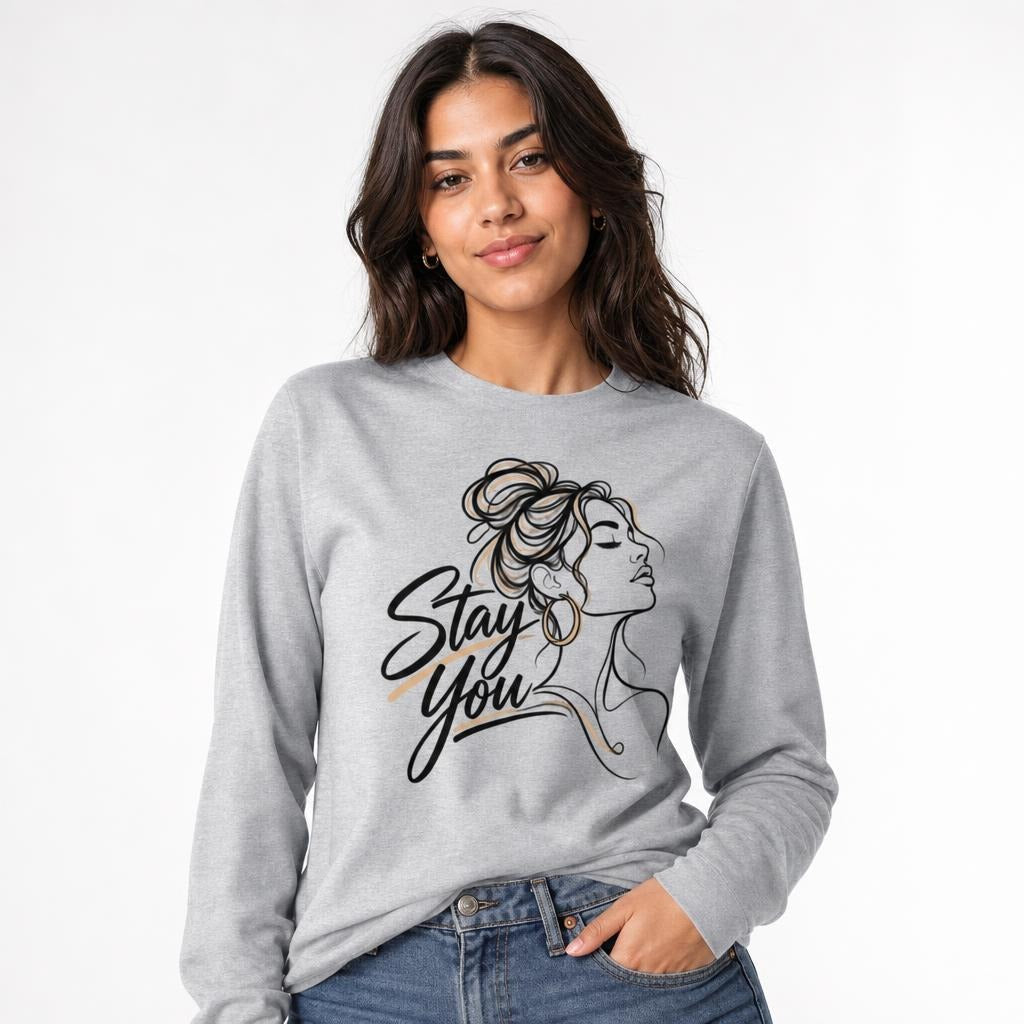 Stay You t shirt in Athletic Heather worn by a studio model in an upper-body three quarter left pose on a clean white background