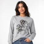 Stay You t shirt in Athletic Heather worn by a studio model in an upper-body three quarter left pose on a clean white background