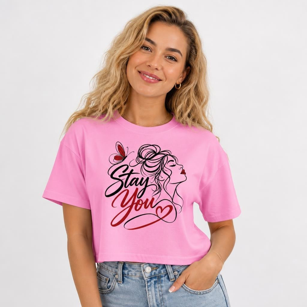 Stay You t shirt in Bubblegum worn by a studio model in an upper-body three quarter right pose on a clean white background