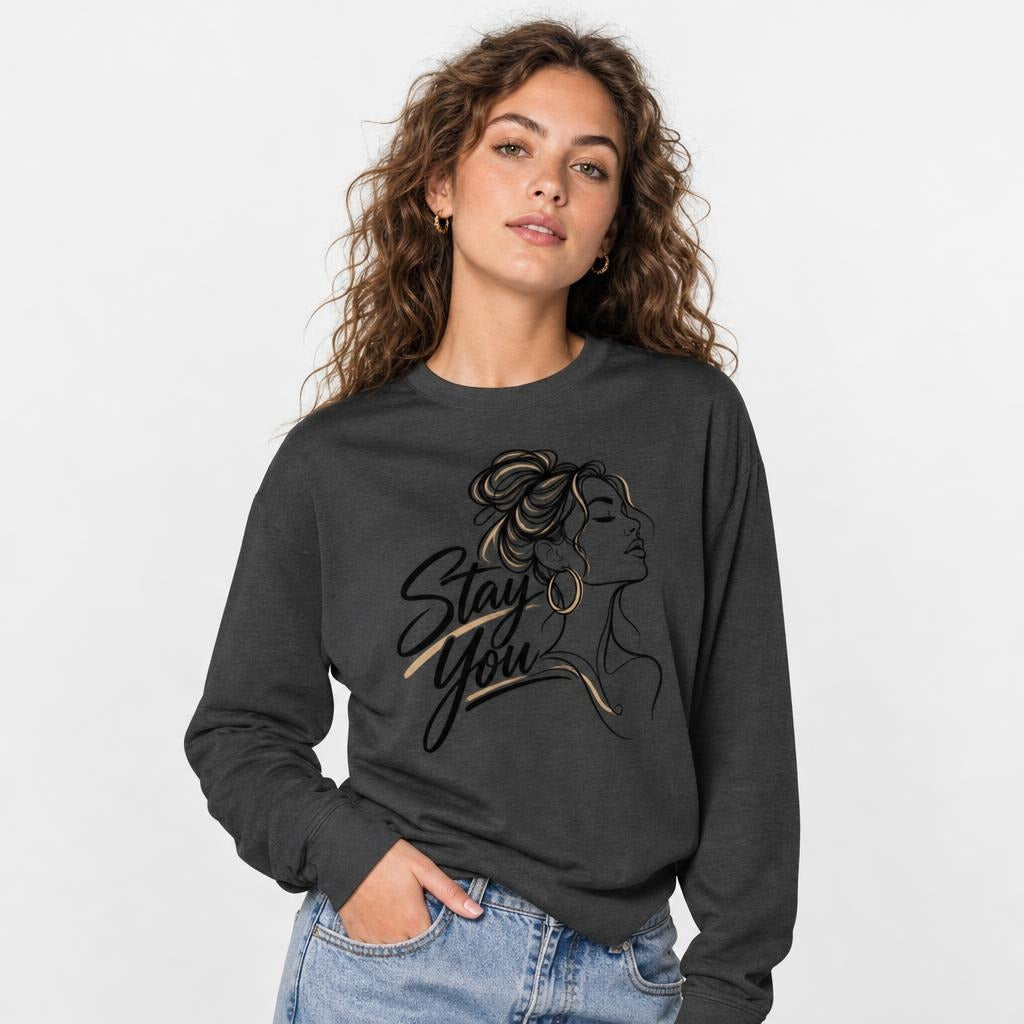 Stay You t shirt in Dark Grey Heather worn by a studio model in an upper-body three quarter right pose on a clean white background