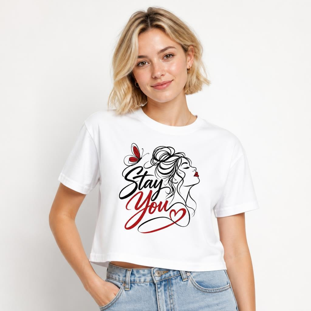 Stay You t shirt in White worn by a studio model in an upper-body front relaxed pose on a clean white background