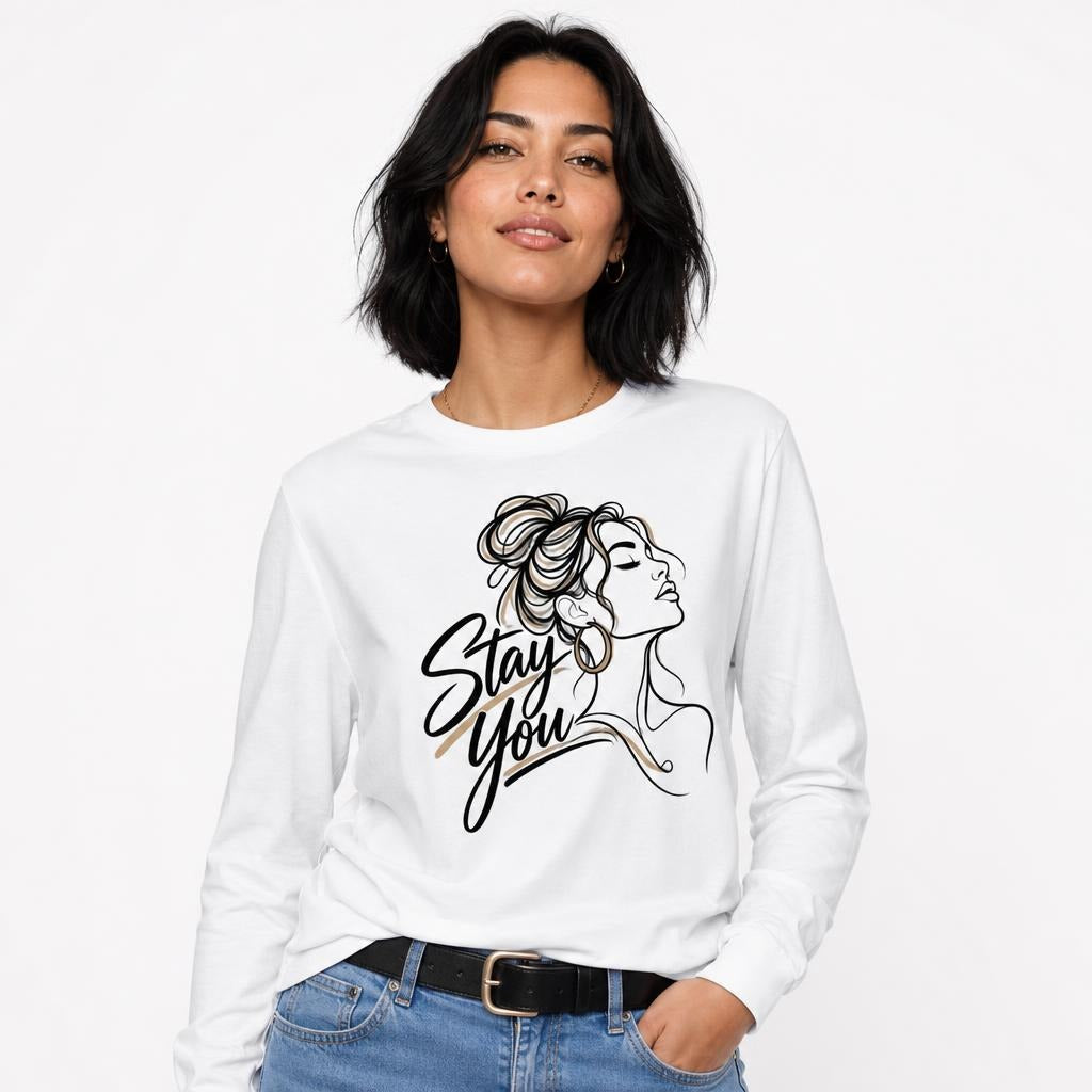 Stay You t shirt in White worn by a studio model in an upper-body front relaxed pose on a clean white background