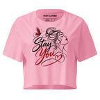 Bubblegum cropped T-shirt featuring the words “Stay You,” a woman’s profile, a butterfly, and a heart design.