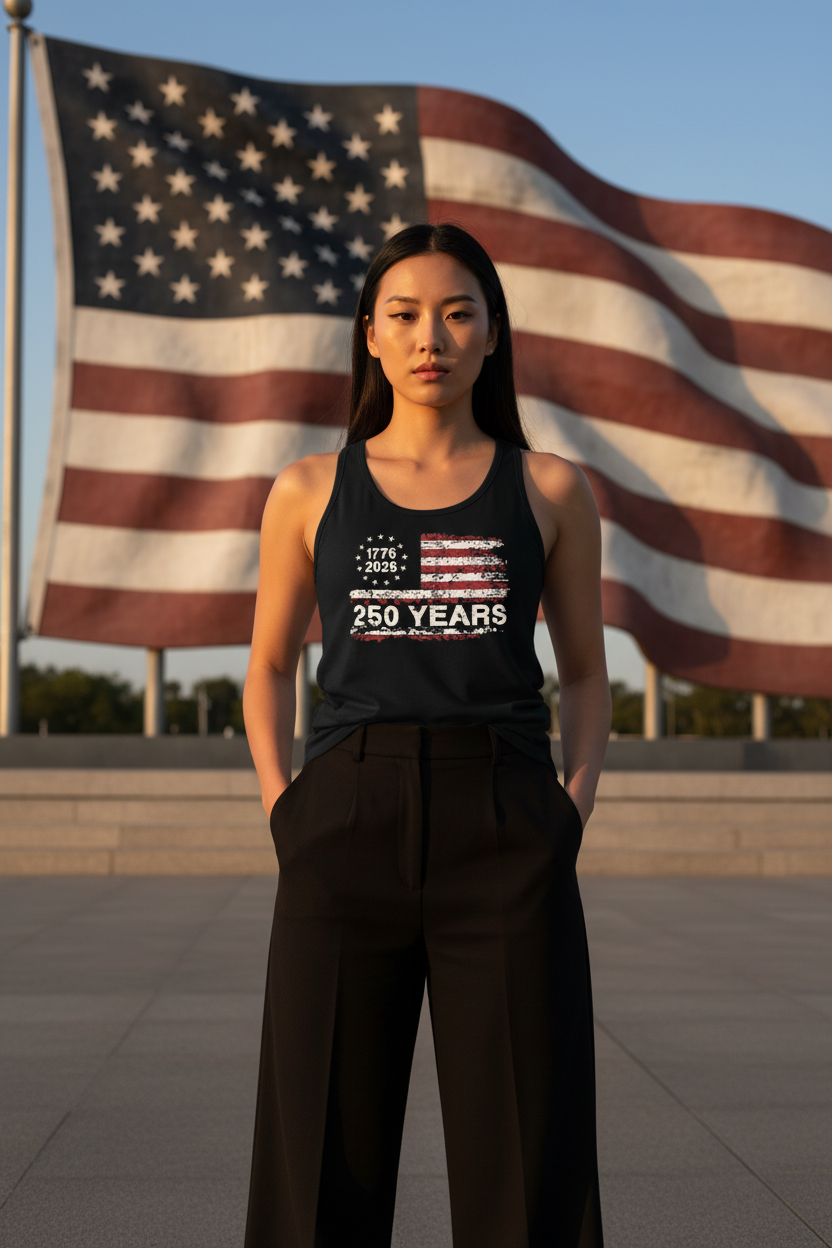 Model wearing the 250 Years Flag Racerback Tank Top in front of a large American flag