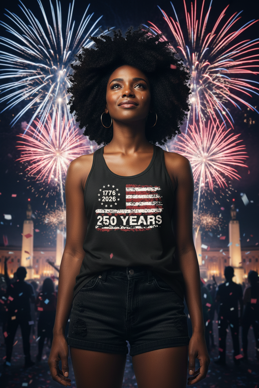 Model wearing the 250 Years Flag Racerback Tank Top at night with fireworks in the background