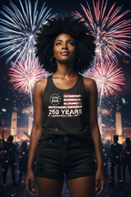 Model wearing the 250 Years Flag Racerback Tank Top at night with fireworks in the background
