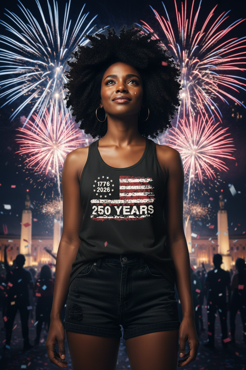 Model wearing the 250 Years Flag Racerback Tank Top at night with fireworks in the background