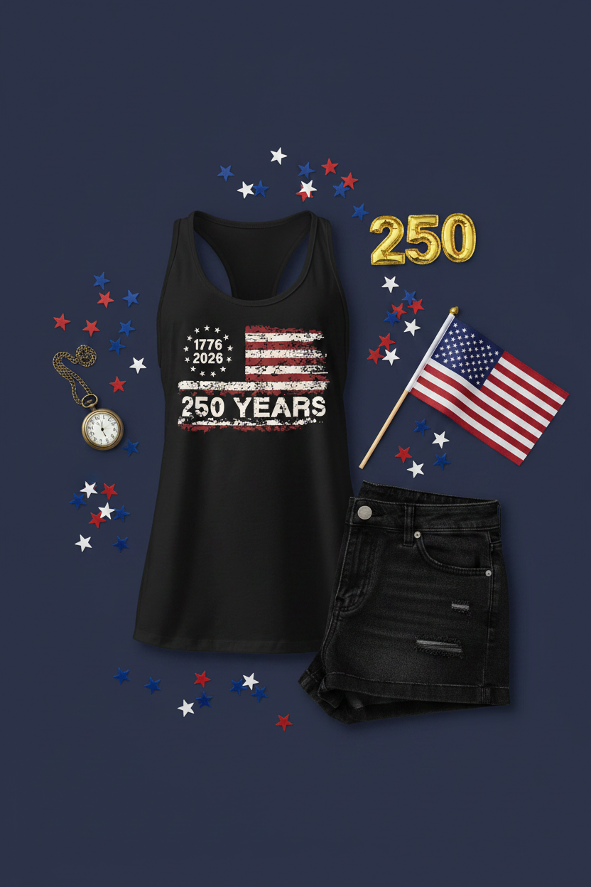 250 Years Flag Racerback Tank Top flat lay styled with an American flag and dark patriotic background