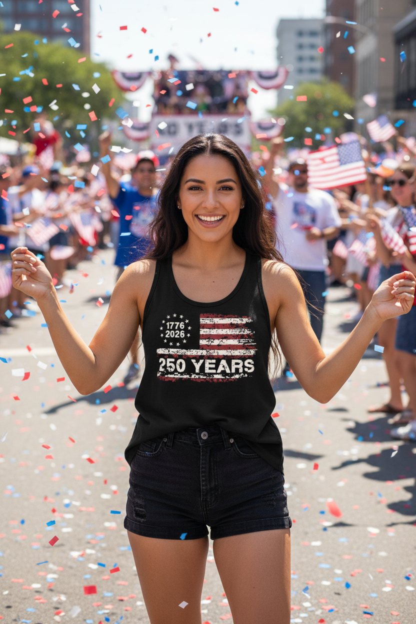 Model wearing the 250 Years Flag Racerback Tank Top in a street parade scene with confetti