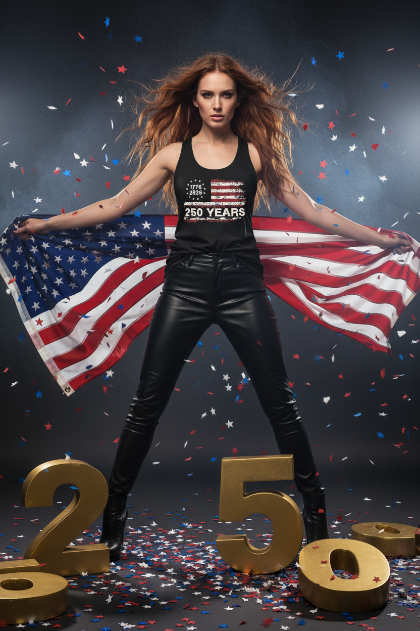 Model wearing the 250 Years Flag Racerback Tank Top in a patriotic studio scene with flag and 250 props