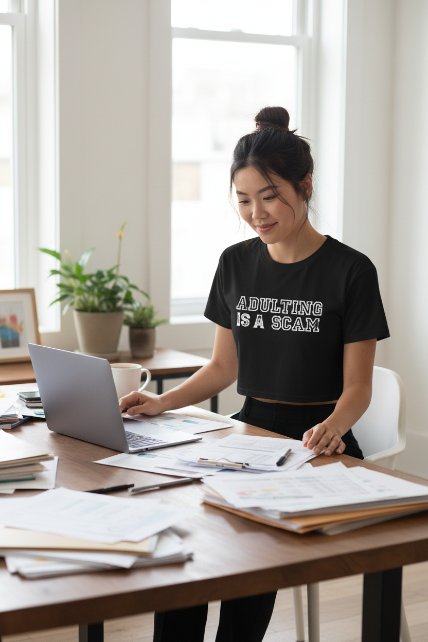 Model wearing the Adulting Is A Scam black crop top beside a desk in a workspace scene