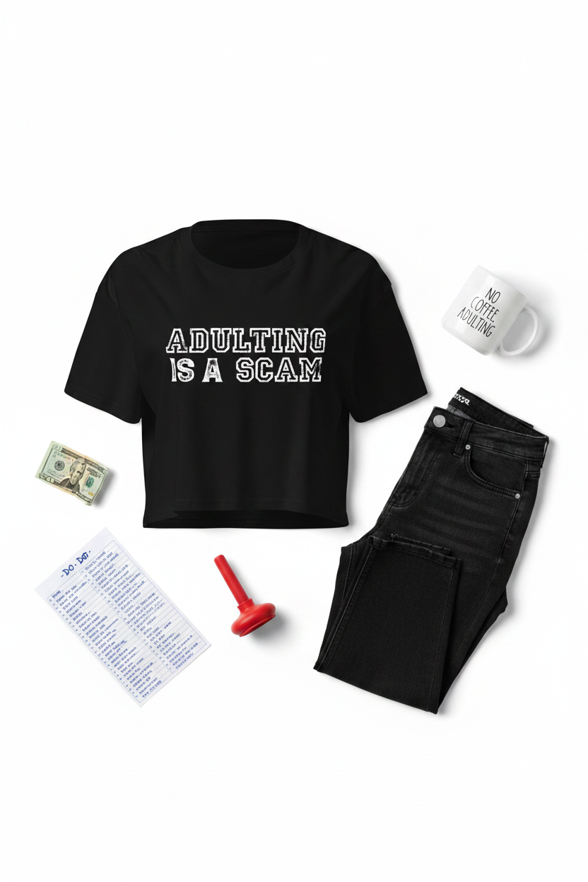 Adulting Is A Scam black crop top flat lay styled with folded jeans and stationery