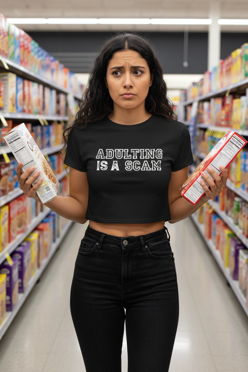 Model wearing the Adulting Is A Scam black crop top in a supermarket aisle